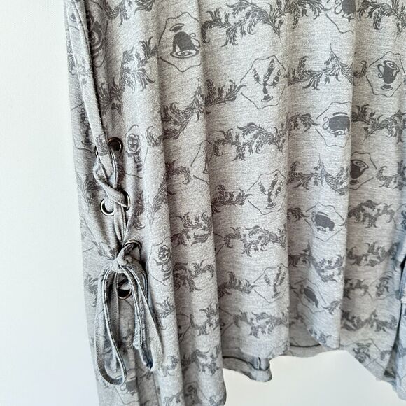 Disney Hot Topic Beauty & The Beast Gray Blouse Shirt Side Tie Mrs Potts Chip SM - Picture 3 of 11